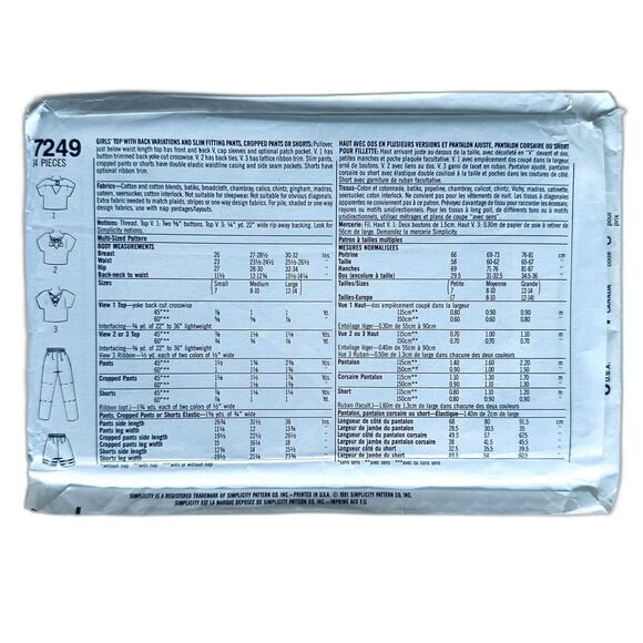 Simplicity Sewing Pattern Girls Top Pants Shorts Capris 7249 Size S-L UNCUT - Picture 2 of 2